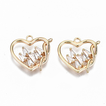 Brass Micro Pave Clear Cubic Zirconia Pendants, Nickel Free, Heart, Real 18K Gold Plated, 14x15.5x2mm, Hole: 1.6mm