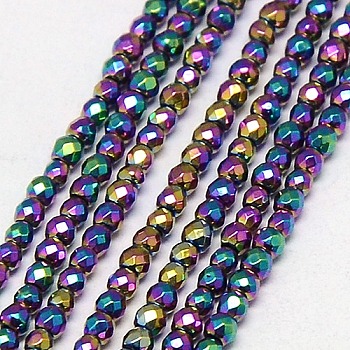 Electroplate Non-magnetic Synthetic Hematite Beads Strands, Faceted, Round, Grade AAAA, Multi-color Plated, 2mm, Hole: 0.5mm, about 200pcs/strand, 16 inch