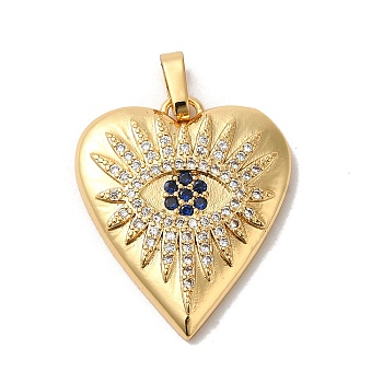 Rack Plating Brass Micro Pave Cubic Zirconia Pendants, Long-Lasting Plated, Lead Free & Cadmium Free, Heart with Eye Charms, Real 18K Gold Plated, 24.5x21x3.5mm, Hole: 5.4x3.3mm