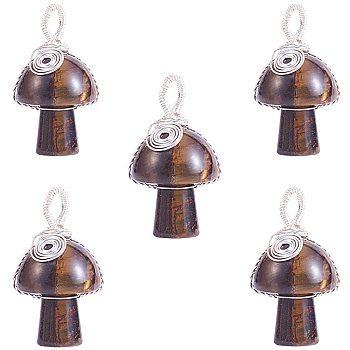 Natural Tiger Eye Pendants, Mushroom Charms, with Silver Color Plated Copper Wire Wrapped, 30x15x16mm, Hole: 5mm