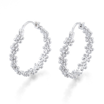 Clear Cubic Zirconia Flower Hoop Earrings, Brass Jewelry for Women, Nickel Free, Real Platinum Plated, 32x30x6mm, Pin: 0.8mm