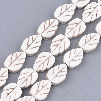 Synthetic Turquoise Beads Strands, Leaf, Creamy White, 13~14x9x4mm, Hole: 1mm, about 31pcs/strand, 15.9 inch