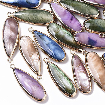 Natural Freshwater Shell Pendants, with Iron Loops, Edge Golden Plated, Dyed, Teardrop, Mixed Color, 31~33x10.5~12x5mm, Hole: 1.8mm