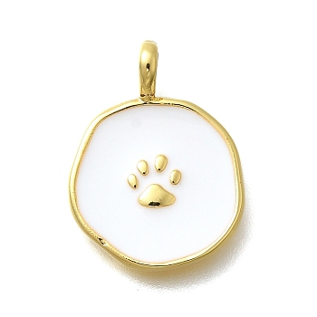 Brass with Enamel Pendants, Lead Free & Cadmium Free, Real 18K Gold Plated, Rack Plating, Flat Round, Paw Print, 18.5x13.5x2mm, Hole: 3.5mm