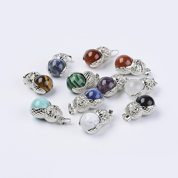 Natural & Synthetic Mixed Stone Pendants, with Platinum Tone Brass Findings, Owl with Round Ball, 31x18.5x16mm, Hole: 5x8mm