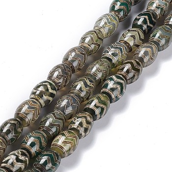 Tibetan Style dZi Beads Strands, Natural Agate Beads, Dyed & Heated, Oval, Zig Zag Pattern, 13~14x9.5~10mm, Hole: 1.2mm, about 25pcs/strand, 13.39''(34cm)