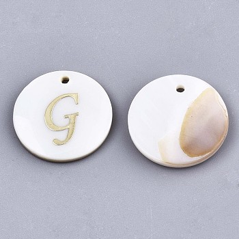 Natural Freshwater Shell Pendants, with Golden Plated Brass Etched Metal Embellishments, Flat Round with Letter, Letter.G, 15x2mm, Hole: 1.2mm