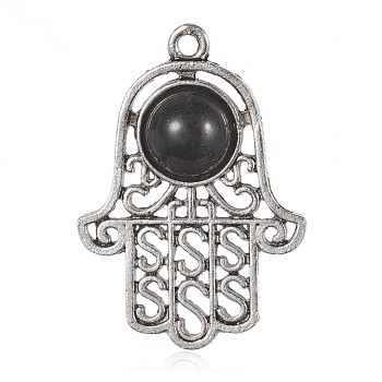Alloy Pendants, with Resin, Hamsa Hand/Hand of Fatima/Hand of Miriam, Antique Silver, 36x25x5mm, Hole: 2mm
