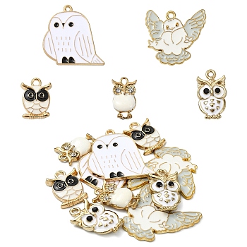 10Pcs 5 Styles Alloy Enamel Pendants, Golden, Owl Charm, White, 16.5~24.5x12~24x1.5~2.5mm, Hole: 1.4~1.8mm, 2pcs/style