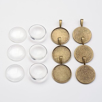 Bubble Locket Alloy Pendant Cabochon Bezel Settings, Clear Glass Cabochons, Flat Round, Lead Free & Nickel Free, Antique Bronze, 38.5x27x2.5mm, Hole: 8x4mm, Glass Cabochons: 25x7mm, 6sets/box