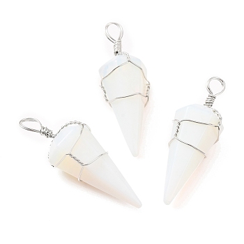 Opalite Gemstone Pendants, with Platinum Tone Copper Wire Wrapped, Cadmium Free & Lead Free, Faceted Cone, 46.5~53x17~19x17~18mm, Hole: 5~6.5mm