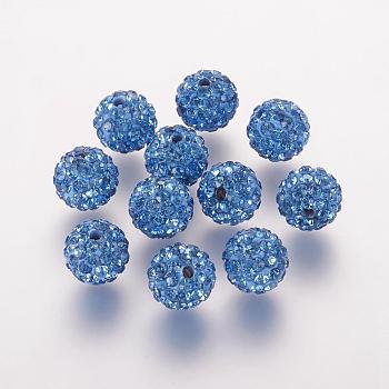 Polymer Clay Rhinestone Beads, Grade A, Round, Pave Disco Ball Beads, Light Sapphire, 10x9.5mm, Hole: 1.5mm