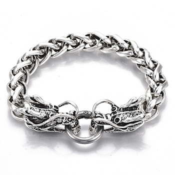 Men's Alloy Wheat Chain Bracelets, Dragon, with Gunmetal Plated Brass Spring Ring Clasps, Antique Silver, 8-7/8 inch(22.5cm)