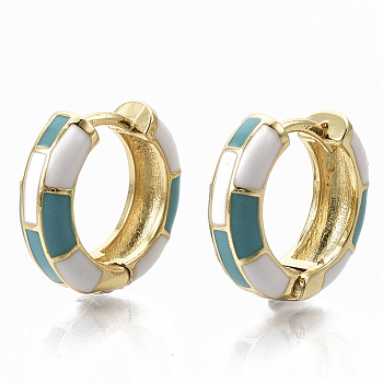 Brass Huggie Hoop Earrings, with Two Tone Enamel, Real 18K Gold Plated, Dark Turquoise, 16x16.5x5mm, Pin: 1x1mm