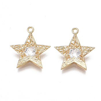 Brass Filigree Pendants, Nickel Free, Real 18K Gold Plated, with Cubic Zirconia, Star, Clear, 20x18x3mm, Hole: 1.5mm