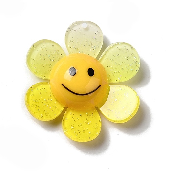 Acrylic Big Pendants with Glitter Powder, Two Tone Flower with Smile, Yellow, 52x48x14.5mm, Hole: 2mm