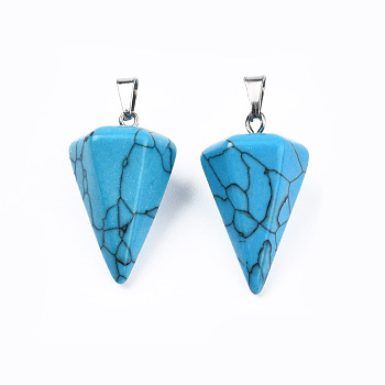 Cone/Spike/Pendulum Dyed Synthetical Blue Turquoise Stone Pendants, with Platinum Plated Iron Findings, 25~27x14x14mm, Hole: 6x3mm