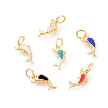 Brass Pendants, with Enamel, Dolphin, Golden, Mixed Color, 16x8x3mm, Hole: 4mm