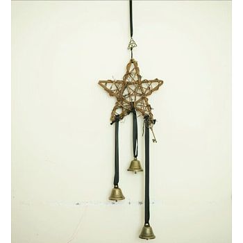 Rattan & Iron Witch Bells Wind Chimes Door Hanging Pendant Decoration, for Garden Home Decoration Bell, Star Pattern, 550mm