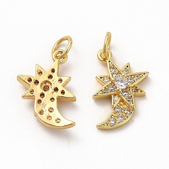 Rack Plating Brass Micro Pave Cubic Zirconia Star Pendants, Meteor Charm, with Jump Ring, Real 18K Gold Plated, 15.5x13x3mm, Hole: 3.6mm