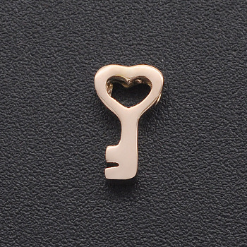 201 Stainless Steel Charms, for Simple Necklaces Making, Laser Cut, Skeleton Key, Rose Gold, 8x4.5x3mm, Hole: 1.8mm