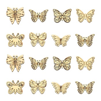 100Pcs Poplar Wood Cabochons, Unfinished Wooden Embellishments, Laser Cut Wood Shapes, Butterfly, Blanched Almond, 23.5~26.5x27.5~39.5x2.5mm