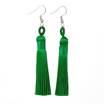 Polyester Tassel Earrings, with 304 Stainless Steel Earring Hooks, Stainless Steel Color, Green, 82mm, Pin: 0.6mm