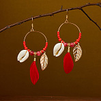 Ring with Leaf Zinc Alloy Acrylic Dangle Earrings, with Feather & Natural Shell, Bohemian Style, Golden, Red, 90x30mm(FS-WGF3871-01)