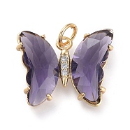 Brass Micro Pave Clear Cubic Zirconia Pendant, with Glass, Butterfly, Golden, Lilac, 15x19x4.5mm, Hole: 3.5mm(ZIRC-P079-B02-05)