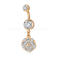 Piercing Jewelry, Brass Cubic Zirconia Navel Ring, Belly Rings, with Surgical Stainless Steel Bar, Cadmium Free & Lead Free, Golden, Flower, Clear, 38x13mm, Bar: 15 Gauge(1.5mm), Bar Length: 3/8"(10mm)(AJEW-EE0003-17)