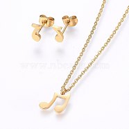 304 Stainless Steel Jewelry Sets, Stud Earrings and Pendant Necklaces, Note, Golden, Necklace: 17.7 inch(45cm), Stud Earrings: 8x4x1.2mm, Pin: 0.8mm(SJEW-O090-13G)