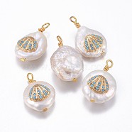 Natural Cultured Freshwater Pearl Pendants, with Brass Micro Pave Cubic Zirconia Findings, Nuggets with Shell, Golden, Deep Sky Blue, 17~26x11~16x5~11mm, Hole: 1.6~2mm(PEAR-L027-58D)