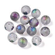 Autumn Theme Electroplate Transparent Glass Beads, Frosted, Round with Maple Leaf Pattern, Colorful, 10mm, Hole: 1.5mm(EGLA-S178-01-01E)