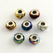 Glass European Beads, Large Hole Beads with Brass Plating Silver Color Plated Double Cores, Faceted, Rondelle, Mixed Color, 14x9mm, Hole: 5mm(GPDL-Q007-M2)