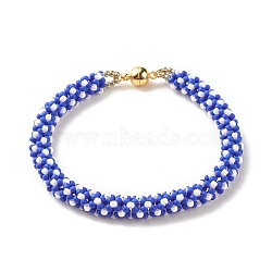 Glass Seed Crochet Beaded Bracelet, Fashion Nepal Bracelet with Brass Magnetic Clasp for Women, Blue, 7-1/2 inch(19cm)(BJEW-JB08083-05)
