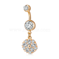 Piercing Jewelry, Brass Cubic Zirconia Navel Ring, Belly Rings, with Surgical Stainless Steel Bar, Cadmium Free & Lead Free, Real 18K Gold Plated, Flower, Clear, 38x13mm, Bar: 15 Gauge(1.5mm), Bar Length: 3/8"(10mm)(AJEW-EE0003-17)