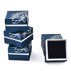 Printed Cardboard Jewelry Set Boxes, with Black Sponge Inside, Square with Flower Pattern, Marine Blue, 5.2x5.2x3.6cm(CBOX-T005-01B)