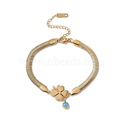 Enamel Evil Eye Link Bracelet with Flat Snake Chains, 304 Stainless Steel Jewelry for Women, Golden, Clover Pattern, Clover: 14x21x1.5mm, 7-5/8 inch(19.5cm)(BJEW-P284-06B-G)