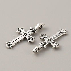 Tibetan Style Alloy Pendants, Cross Charm, Religion, Antique Silver, 23x12x3.5mm, Hole: 2mm(FIND-CJC0007-42G)