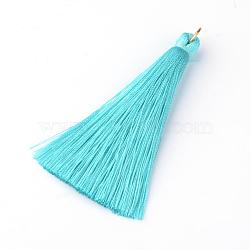 Nylon Thread Tassel Big Pendants Decoration, with Brass Findings, Golden, Turquoise, 63~66x7mm, Hole: 7mm(FIND-Q065-A21)