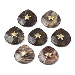 Natural Ocean Jasper Pendants, with Light Gold Plated Brass Star Findings, Faceted, Teardrop, 28~28.5x28~28.5x10mm, Hole: 1.2mm(G-N326-132-07)