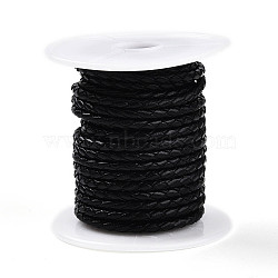 Braided Cowhide Leather Cord, Leather Rope String for Bracelets, with Cotton Thread inside, Black, 4mm, about 5.46 yards(5m)/roll(NWIR-N005-01C-4mm)