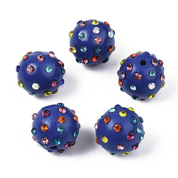 Polymer Clay Rhinestone Beads, Pave Disco Ball Beads, Round, Dark Blue, PP15(2.1~2.2mm), 14~15.5x13.5~14.5mm, Hole: 1.6mm