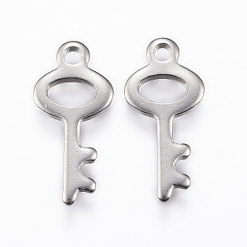 Tarnish Resistant 201 Stainless Steel Pendants, Skeleton Key, Stainless Steel Color, 20x9x1mm, Hole: 2mm