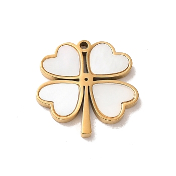304 Stainless Steel Pave Shell Heart Clover Charms, Real 14K Gold Plated, 14.5x15x1.5mm, Hole: 1mm