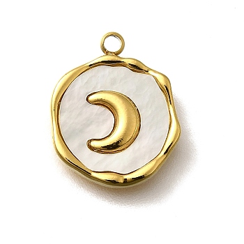 304 Stainless Steel Pendants, Flat Round, with Shell, Real 18K Gold Plated, Ion Plating(IP), Moon, 15.5x12.5x2.5mm, Hole: 1.5mm