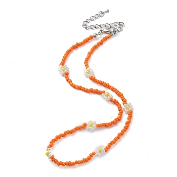 Glass Flower Beaded Necklace, Dark Orange, 15.91 inch(40.4cm)