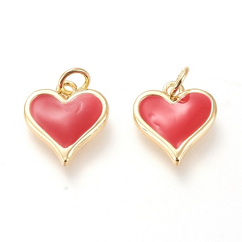 Real 18K Gold Plated Brass Charms, with Enamel and Jump Rings, Long-Lasting Plated, Heart, Red, 14x13x2.8mm, Jump Ring: 5x1mm, 3mm Inner Diameter
