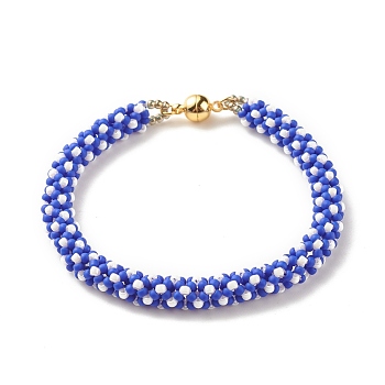 Glass Seed Crochet Beaded Bracelet, Fashion Nepal Bracelet with Brass Magnetic Clasp for Women, Blue, 7-1/2 inch(19cm)