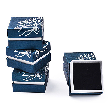 Printed Cardboard Jewelry Set Boxes, with Black Sponge Inside, Square with Flower Pattern, Marine Blue, 5.2x5.2x3.6cm